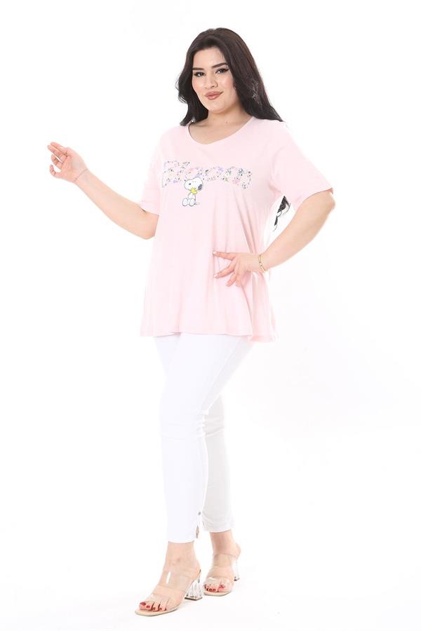 Kadın Büyük Beden Pembe Pamuk Kumaş Ön Baskılı Kısa Kollu Bluz 65N38014