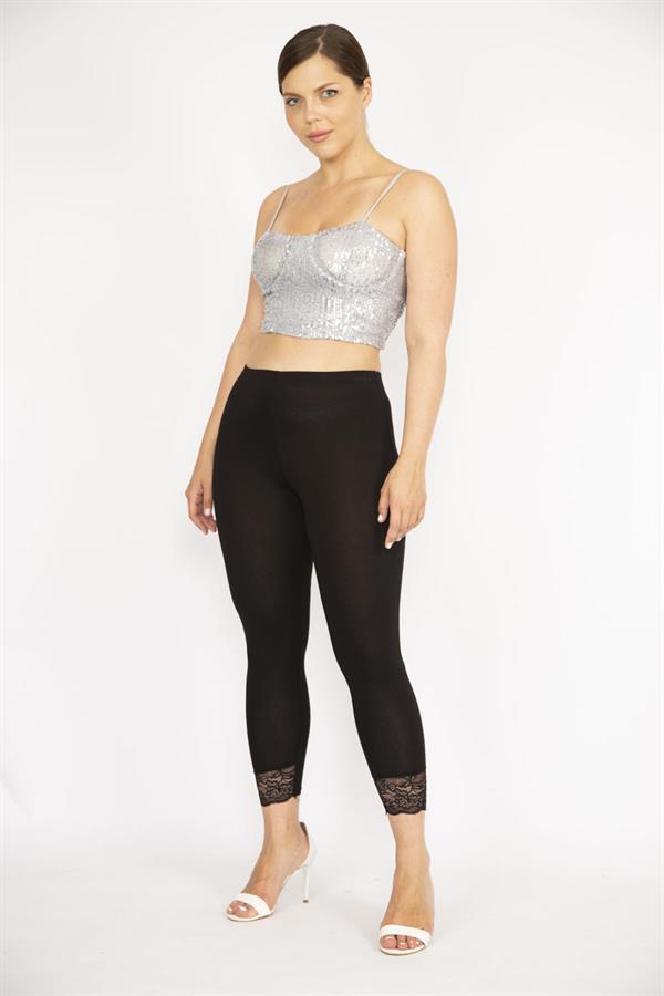 Kadın Siyah Büyük Beden Paça Dantelli Tayt