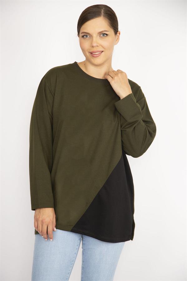 Kadın Büyük Beden Haki Renk Kombinli Uzun Kollu Tunik
