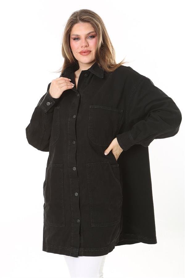 Kadın Büyük Beden Siyah 4 Cepli Rahat Kesim Uzun Kot Mont 65N37893