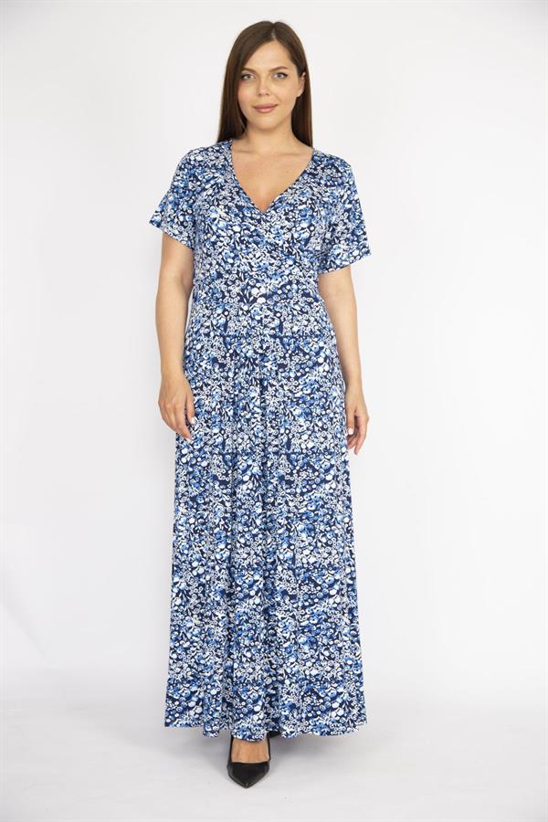 Kadın Mavi Büyük Beden Anvelop Yakalı Likralı Viskon Kumaş Kısa Kollu Uzun Elbise