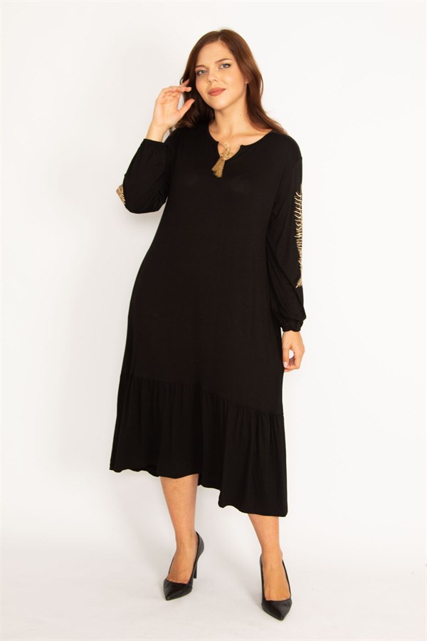 Kadın Siyah Nakış Ve Cep Detaylı Eteği Katlı Uzun Kollu Elbise 65N34743