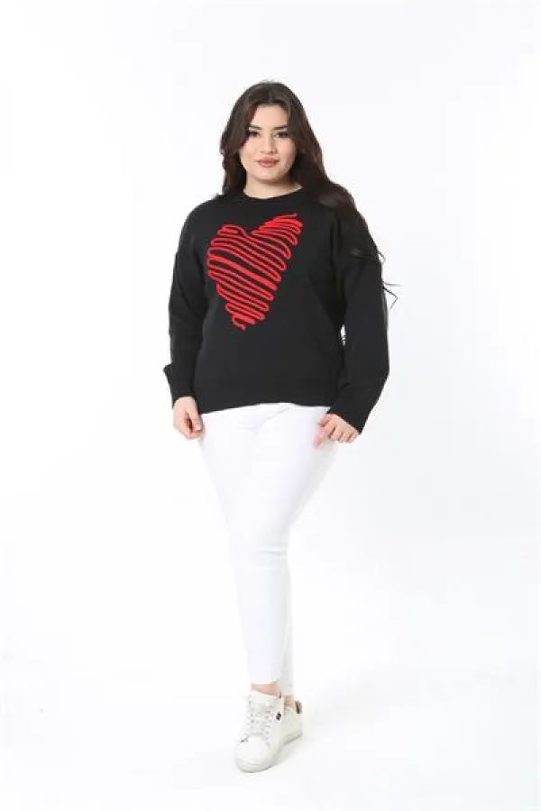 Kadın Büyük Beden Siyah Suzine Nakışlı Triko Kazak 65N38862