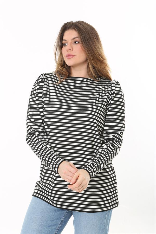 Kadın Büyük Beden Siyah Omuz Büzgülü Bisiklet Yakalı Çizgili Bluz 65N37524