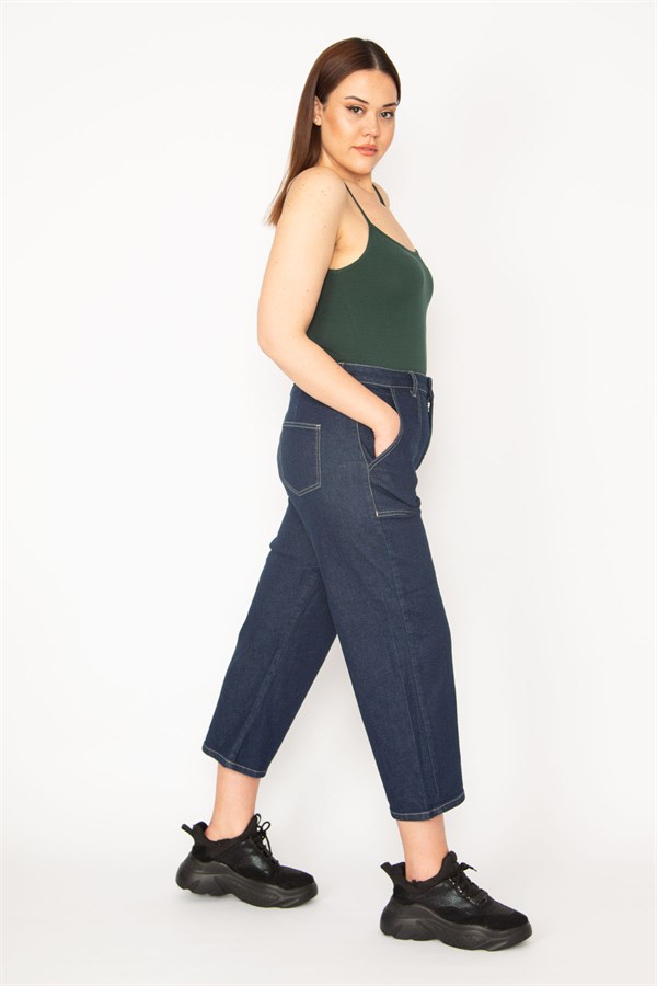 WOMEN'S NAVY BLUE POCKET DETAILED HIGH WAIST ANKLE LENGTH JEANS