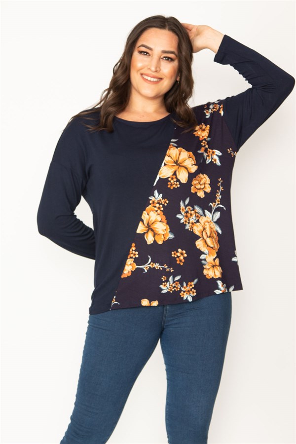 Kadın Lacivert Çieçk Desenli Bisiklet Yaka Tunik 65N30415