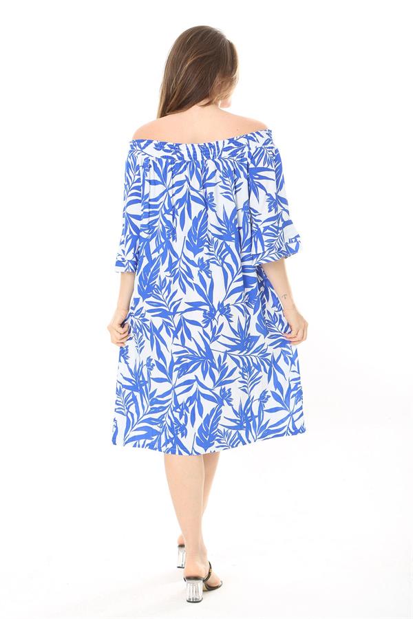 Kadın Mavi Yakası Lastik Detaylı Dokuma Viskon Kumaş Elbise 65N37864