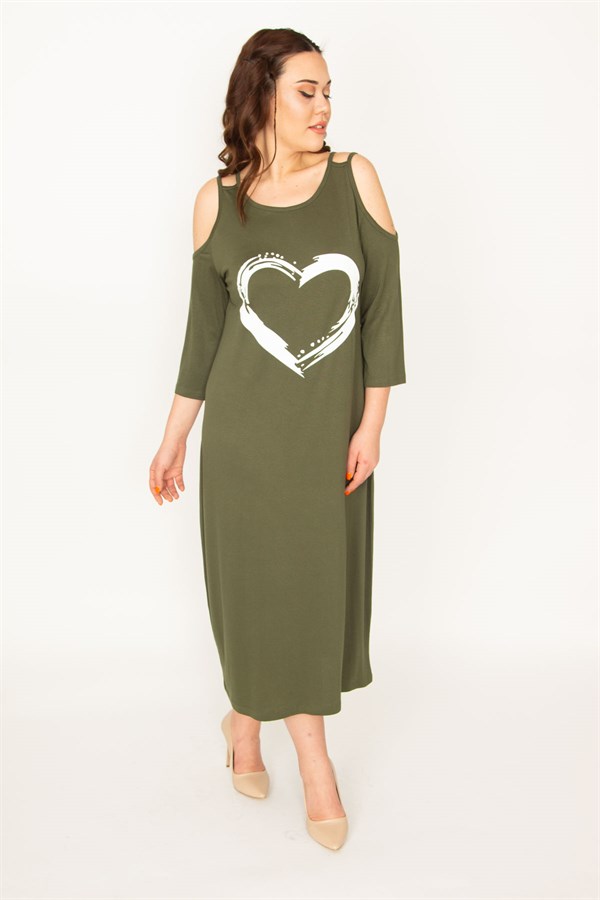 KADIN HAKİ OMUZ DEKOLTELİ ÖN BASKILI ELBİSE