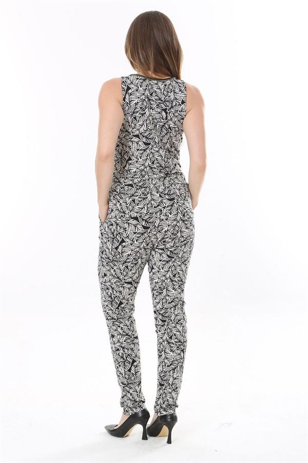 Kadın Büyük Beden Siyah Anvelop Yakalı Desenli Tulum 65N37775