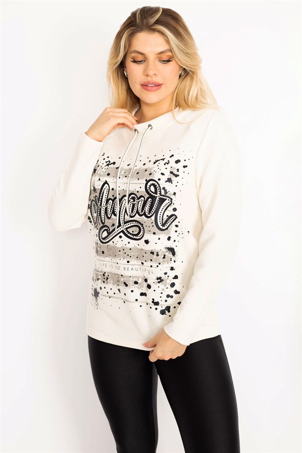 Kadın Kemik Yakası Kuşgözü Bağcıklı Taş Ve Baskı Detaylı Sweatshirt 65N34993