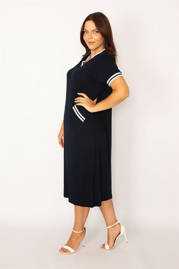 Kadın Lacivert Ribana Detaylı V Yakalı Cepli Elbise 65N34160
