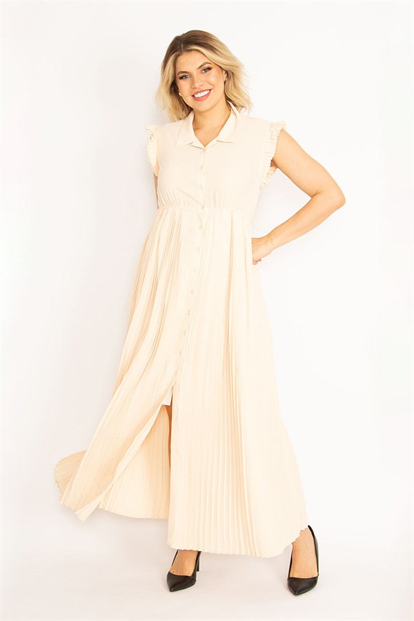 KADIN PUDRA  ETEĞİ VE KOL AĞZI PİLİSE DETAYLI ÖN DÜĞMELİ ELBİSE