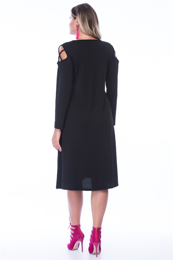 Kadın Siyah Omuz Detaylı Elbise 65N34396