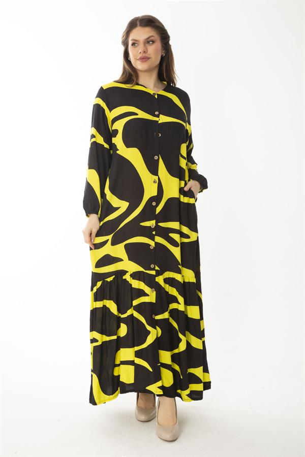 Kadın Büyük Beden Renkli Dokuma Viskon Kumaş Ön Boy Düğmeli Etek Ucu Katlı Elbise 65N37088