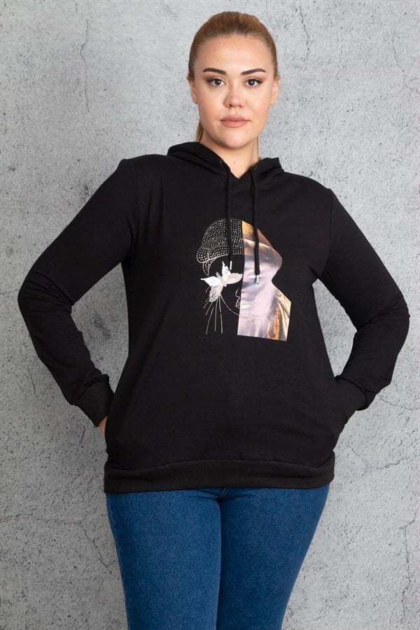 Kadın Siyah Ön Baskı Ve Taş Detaylı Kapşonlu Sweatshirt 65N18832