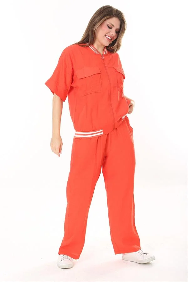 Kadın Büyük Beden Nar Ön Fermuarlı Ribanalı Tunik Ve Pantolon İkili Takım 65N37877