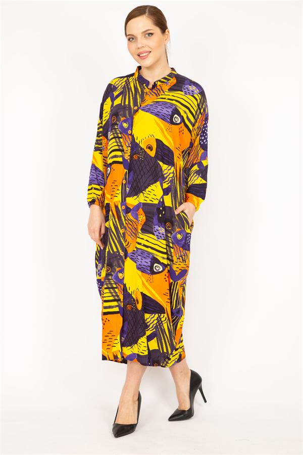 Kadın Fujya Büyük Beden Dokuma Viskon Kumaş Ön Boy Düğmeli Elbise