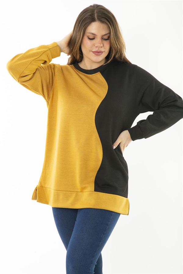 Kadın Büyük Beden Hardal Dueble Face Kumaş Renk Kombinli Sweatshirt 65N37124