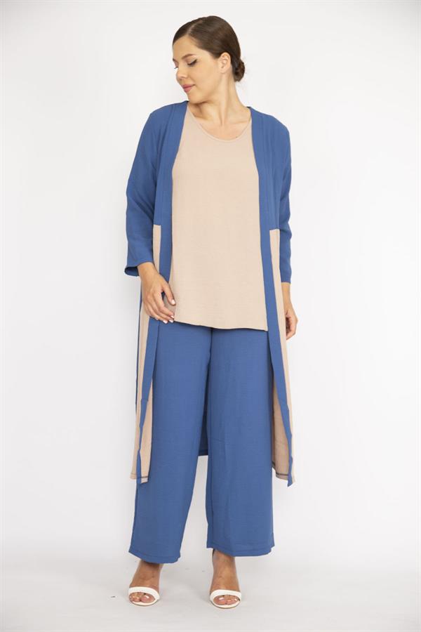 Kadın Büyük Beden İndigo Hırka İç Bluz Ve Pantolon Üçlü Takım