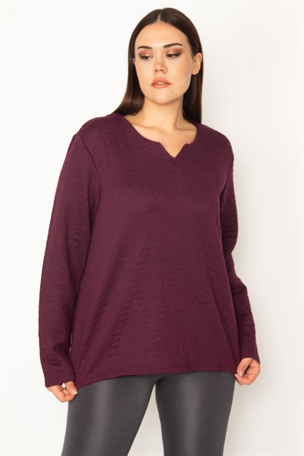 KADIN LACİVERT V YAKALI ARKA ŞERİT DETAYLI KENDİNDEN DESENLİ TUNİK