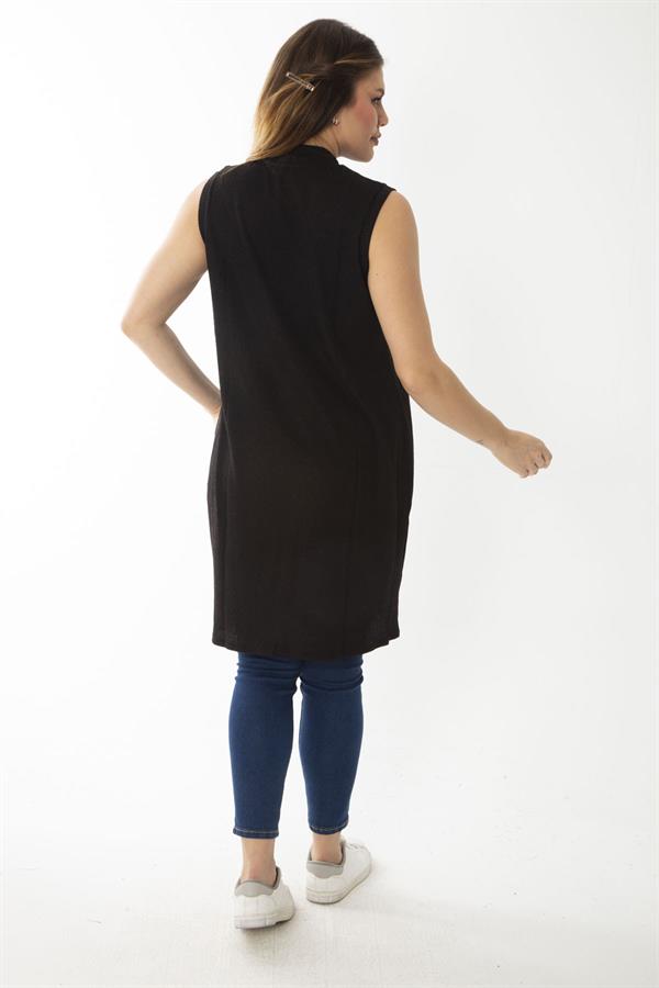 Kadın Büyük Beden Siyah Kaşkorse Kumaş Sıfır Yaka Yaka Kolsuz Uzun Bluz 65N37096