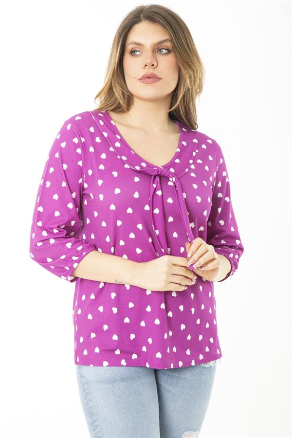 Kadın Büyük Beden Eflatun Yaka Fularlı Kalp Desenli Bluz 65N37144