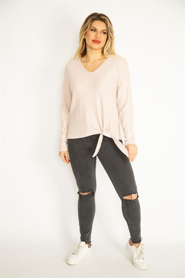 Kadın Gri V Yakalı Kabartma Desenli Ön Bağcıklı Bluz 65N35168