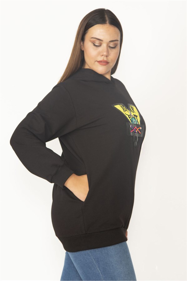 Women's Black Digital Print and Hooded Detailed Side Pocket Sweatshirt 65N30090