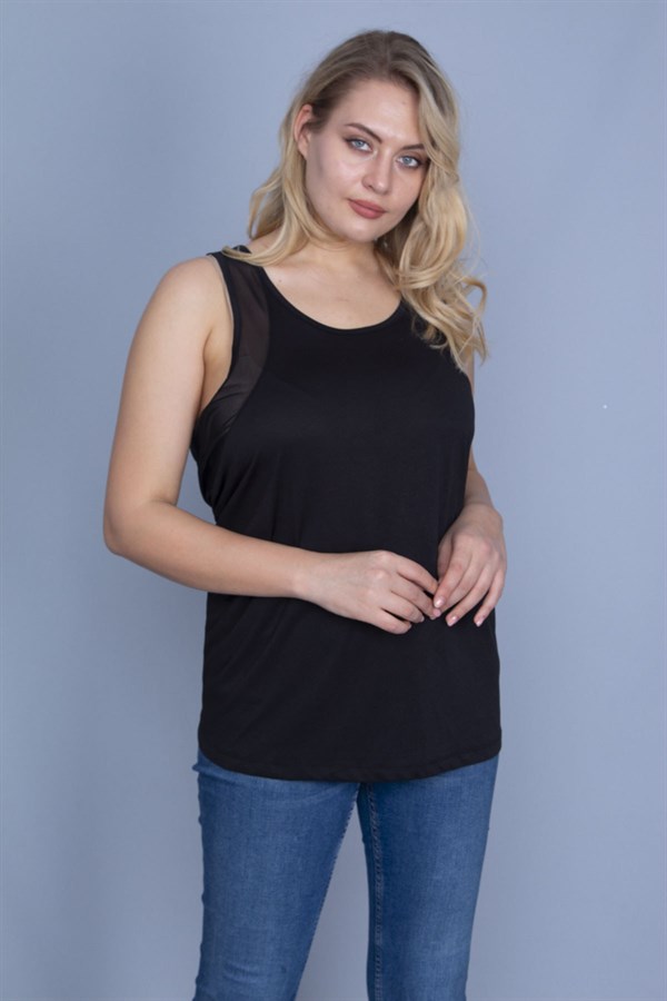 Kadın Siyah Kol Evi Tül Detaylı Spor Bluz 65N25824