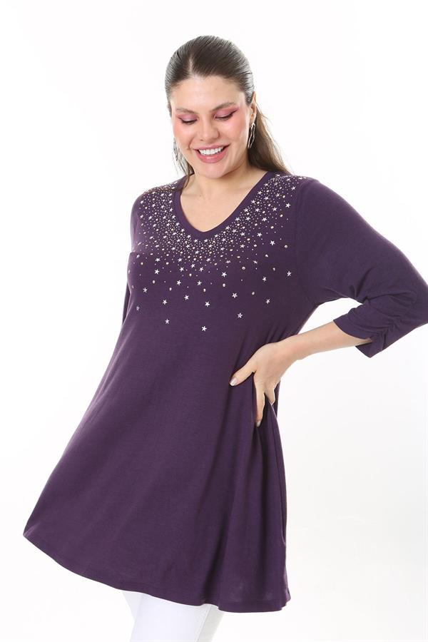 Kadın Büyük Beden Mürdüm Taş Detaylı Kapri Kollu Tunik 65N37696