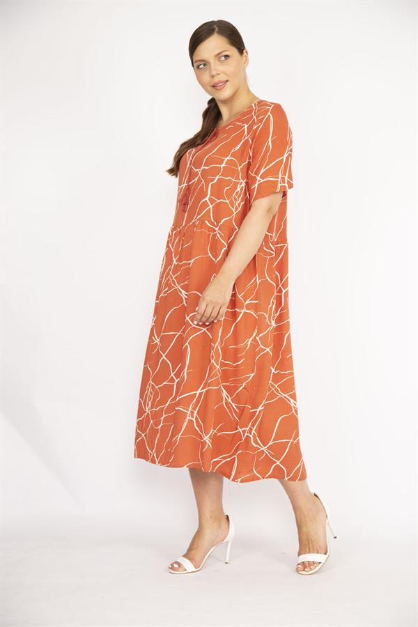 Kadın Oranj Büyük Beden Dokuma Viskon Kumaş Kısa Kollu Elbise