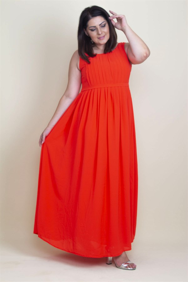 KADIN NAR PİLİSE DETAYLI ASTARLI UZUN KOLSUZ ELBİSE