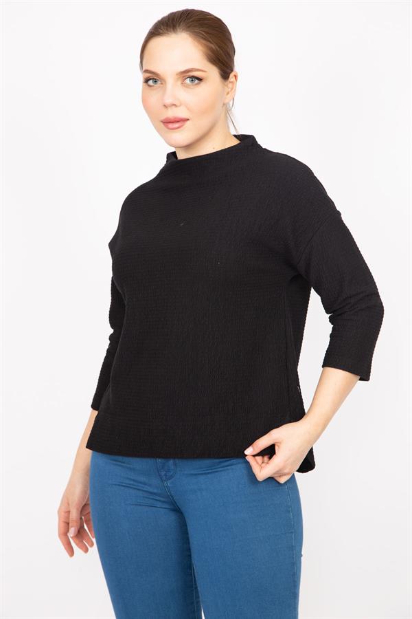 Kadın Kemik Büyük Beden Kapri Kol Kendinden Desenli Yan Yırtmaçlı Bluz