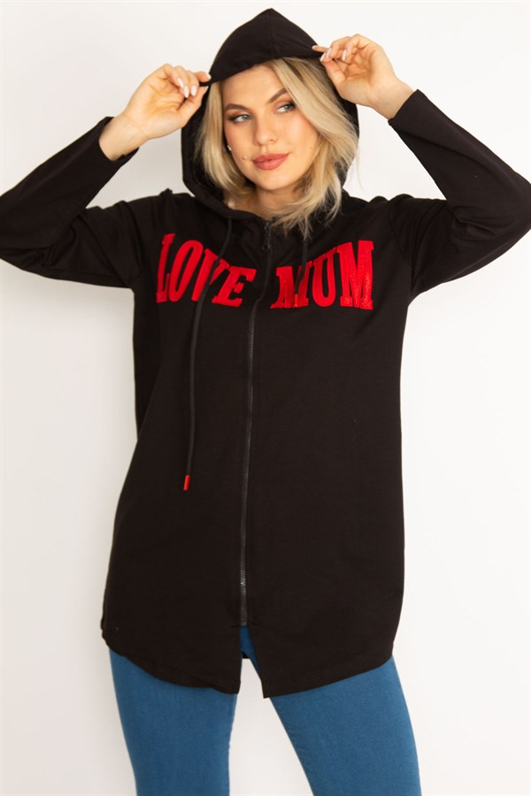 Kadın Siyah Kapşonlu Ön Fermuar Ve Baskı Detaylı Sweatshirt 65N34681