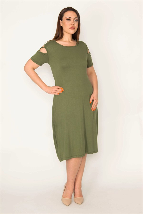 KADIN HAKİ OMUZ DEKOLTELİ VİSKON ELBİSE