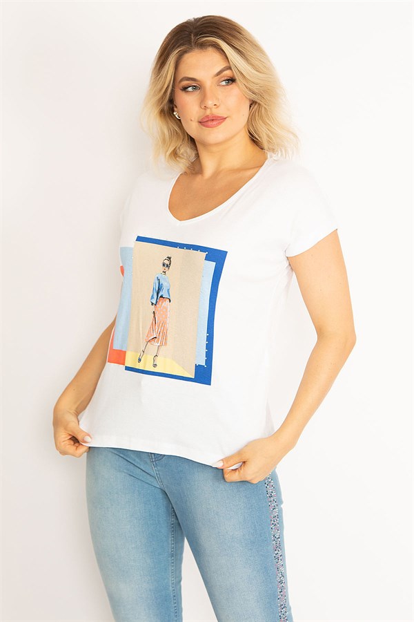 Kadın Beyaz Pamuklu Kumaş Ön Baskılı V Yakalı Bluz 65N34719