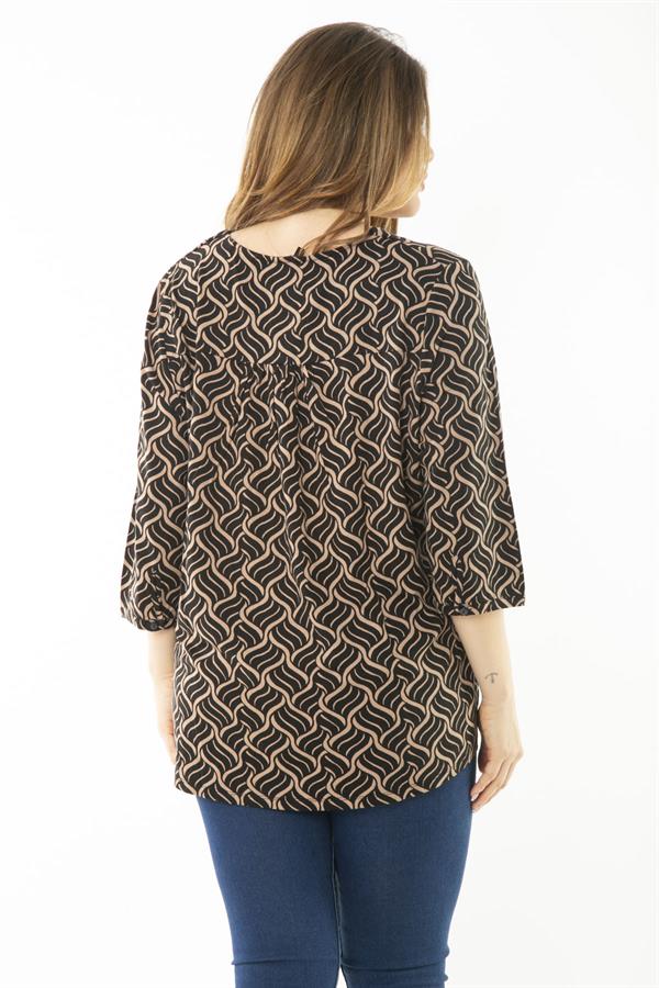 Kadın Büyük Beden Kahve Yaka Pileli Kapri Kollu Bluz 65N37147