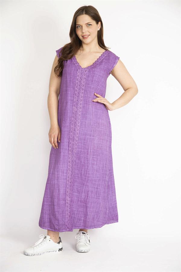 Kadın Eflatun Büyük Beden Dantel Detaylı V Yaka Yan Yırtmaçlı Keten Elbise