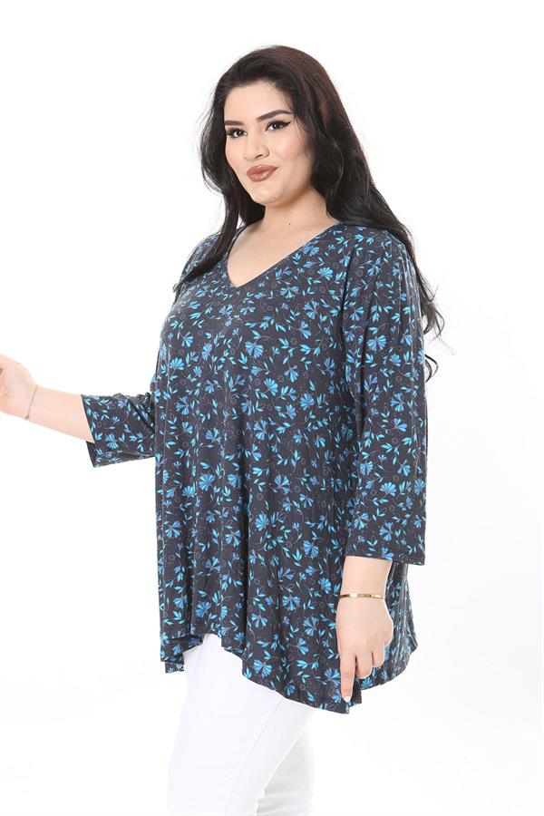 Kadın Büyük Beden Renkli V Yakalı Kapri Kol Desenli Bluz 65N38001