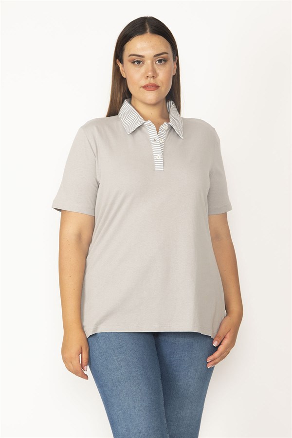 Kadın Gri Pamuklu Kumaş Polo Yakalı Pat Düğmeli Bluz 65N27322
