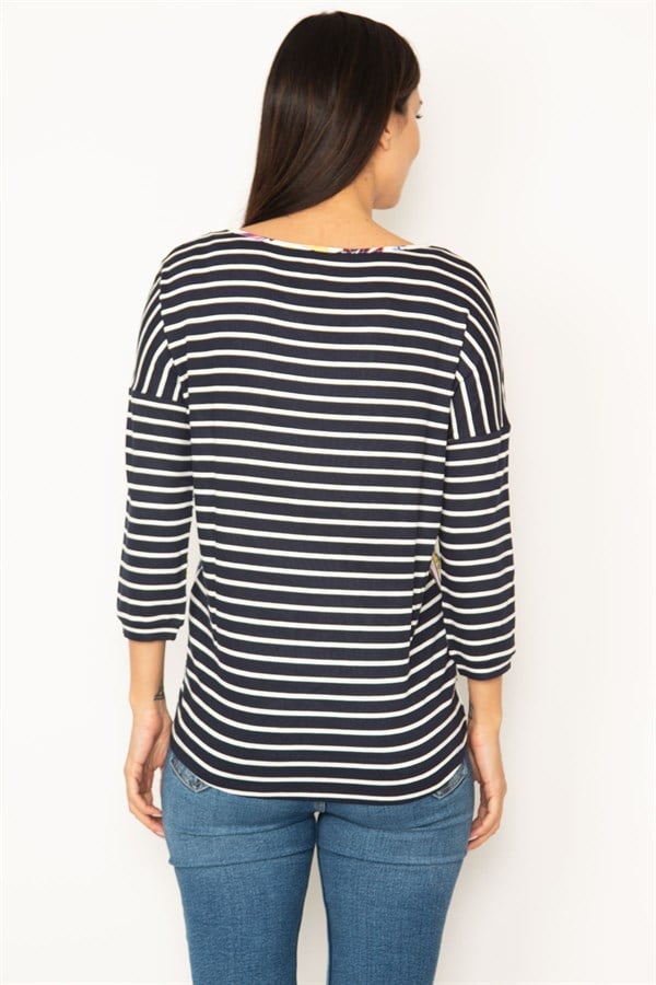V-NECKED BLOUSE WITH STRIPED AND FLORAL PATTERNS