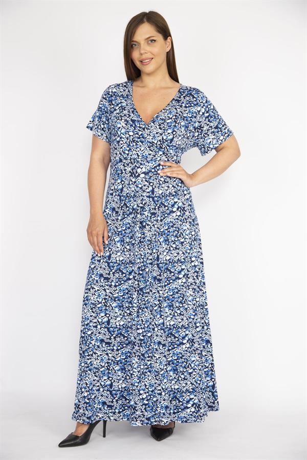 Kadın Mavi Büyük Beden Anvelop Yakalı Likralı Viskon Kumaş Kısa Kollu Uzun Elbise