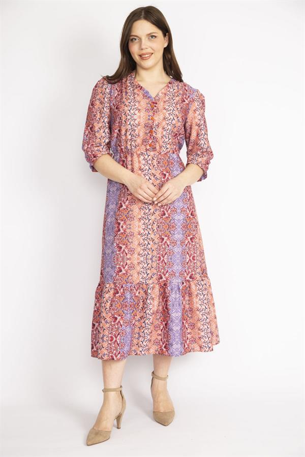 WOMEN'S COLORFUL COLLAR DRESS WITH FRILLED FRONT PLACE, ORNAMENTAL BUTTONS, WAIST AND ARM EMBROIDERY DETAILED