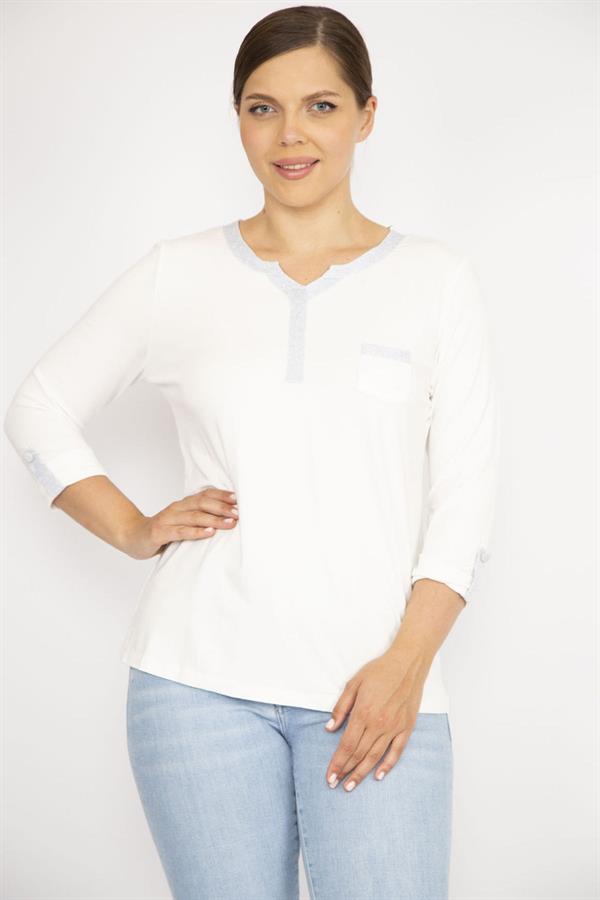 Kadın Büyük Beden Beyaz Sim Detaylı Öpücük Yakalı Kapri Kollu Bluz