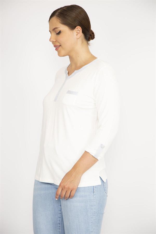 Kadın Büyük Beden Beyaz Sim Detaylı Öpücük Yakalı Kapri Kollu Bluz