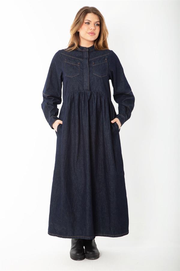 Women's Navy Blue Hidden Placket Metal Button Denim Dress 65N37375