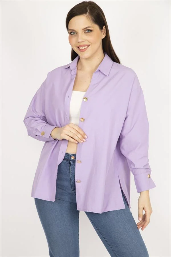 Kadın Lila Büyük Beden Metal Düğmeli Manşetli Gömlek