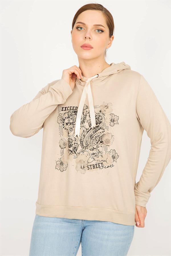 Kadın Vizon Büyük Beden Kapşonlu Baskı Ve Taş Detaylı Sweatshirt