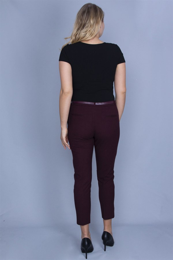 Kadın Bordo Arka Süs Flota Ve Yan Cepli Kemer Aksesuarlı Kumaş Pantolon 65N24040