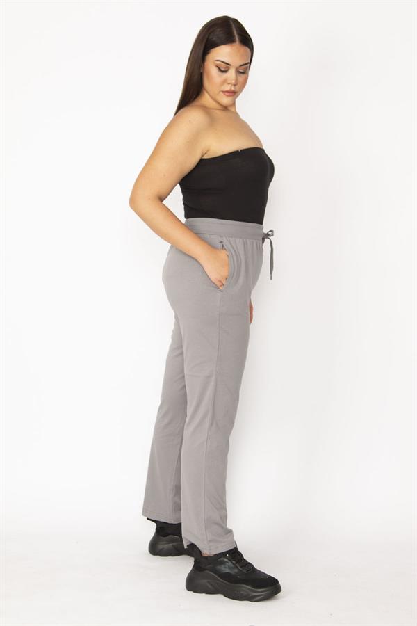 Kadın Gri Beli Lastik Ve Kuşgözü Kaytan Detaylı Cepli Spor Pantolon 65N29152